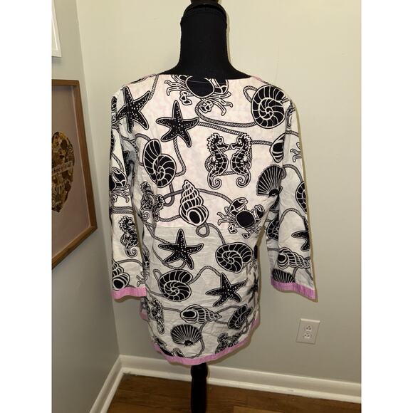 Gretchen Scott Designs Shirt Womens MD Nautical Black Pink Coastal Boho Tunic - Picture 3 of 4